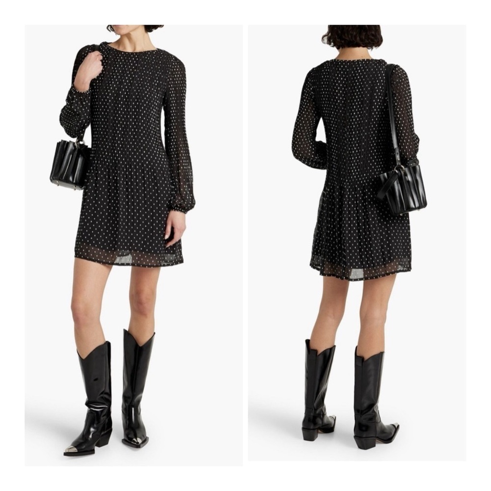 Maje Small Modern Pleated Allover Black & White Polka Dot Shift Mini Dress